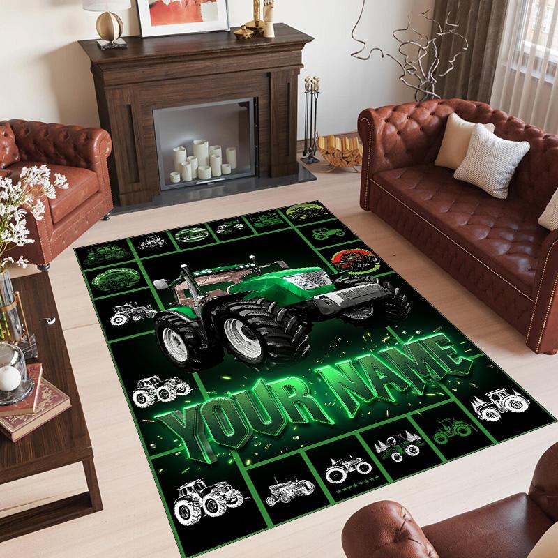 Construction Vehicles Theme Crystal Velvet Rug Personalized Custom Name Text Soft Floor Mat Home Decor