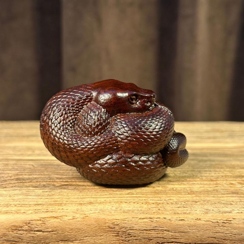 Ebony Wood Exquisitely Carved Green Snake Zodiac Desktop Ornament Coiled Snake {9x5.5x5 cm}