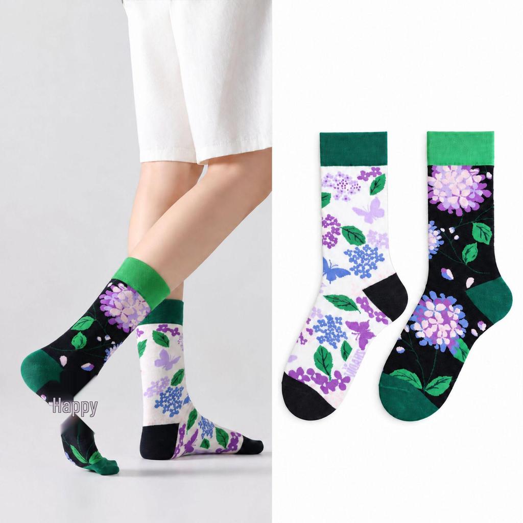 Children's Cartoon Sports Socks, Mid-Calf, Asymmetrical Mandarin Duck Design, Cotton Trendy Pair