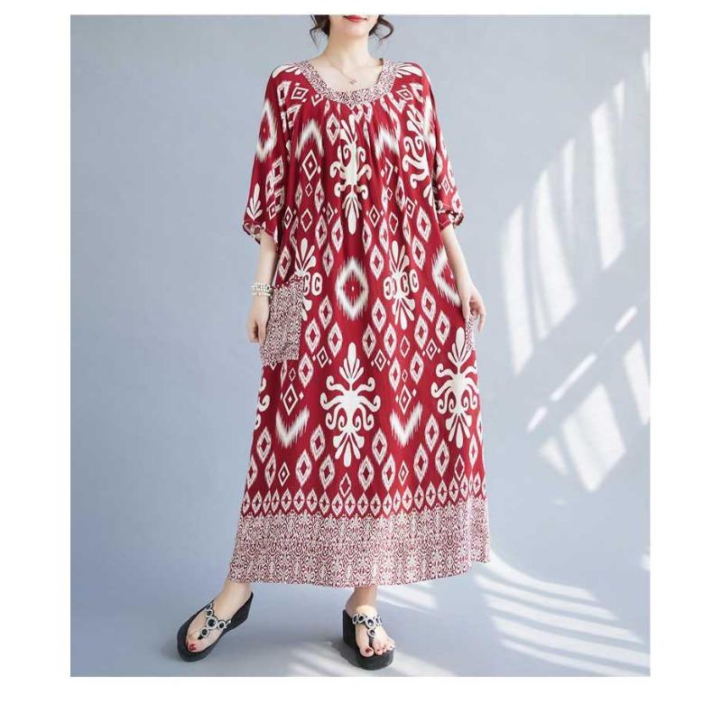 Summer New Temperament V-neck Mid-length Dress Retro Printing Loose Dresses