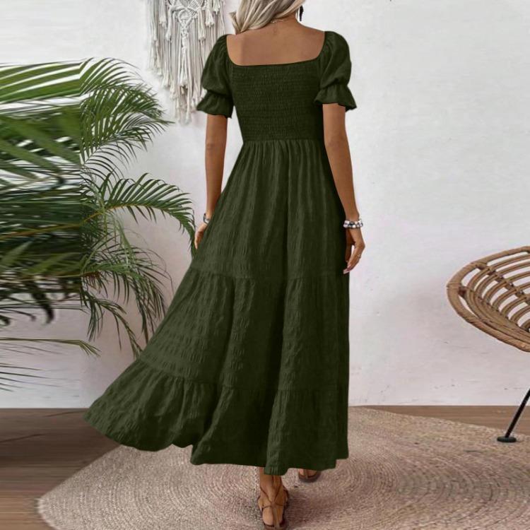 Women S Square Neck Puff Sleeve Maxi Dress Smocked Bodice Tiered Skirt with Pockets for Casual Wear