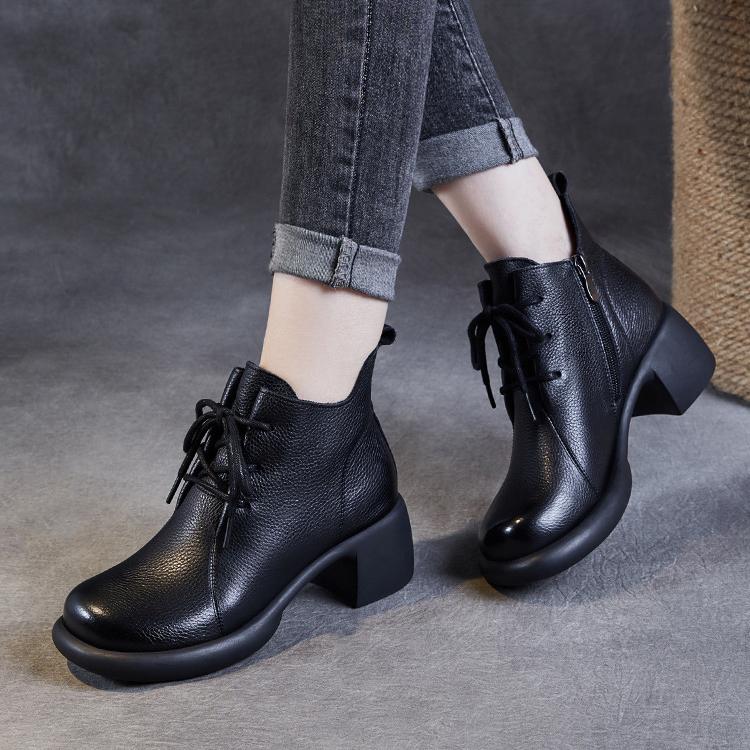 Johnature Handmade Retro Mid Heeled Short Boots Round Toe Lace Up Genuine Leather Women's Shoes