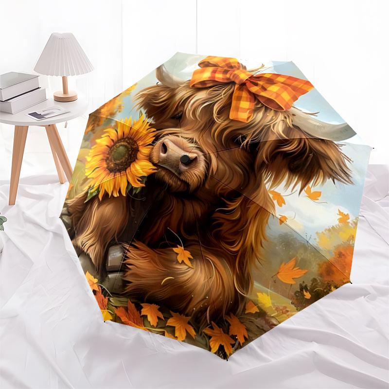 Autumn Plaid Bow Highland Cow Sunflower Outdoor Umbrella - Festival Gift for Fans, Travelers, Daily Use1125253a