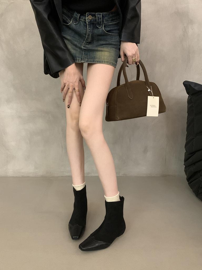 Bottes courtes rétro carrées à talon épais élastiques fines pour femme automne et hiver, patchwork de daim, fermeture éclair arrière, bottes courtes style Martin