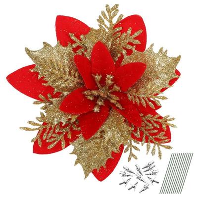 4 Stück Weihnachten Glitzer Künstliche Weihnachtssternblumen Weihnachtsbaumblumen Hängende Ornamente Party Dekoration Mit Stielen Clips