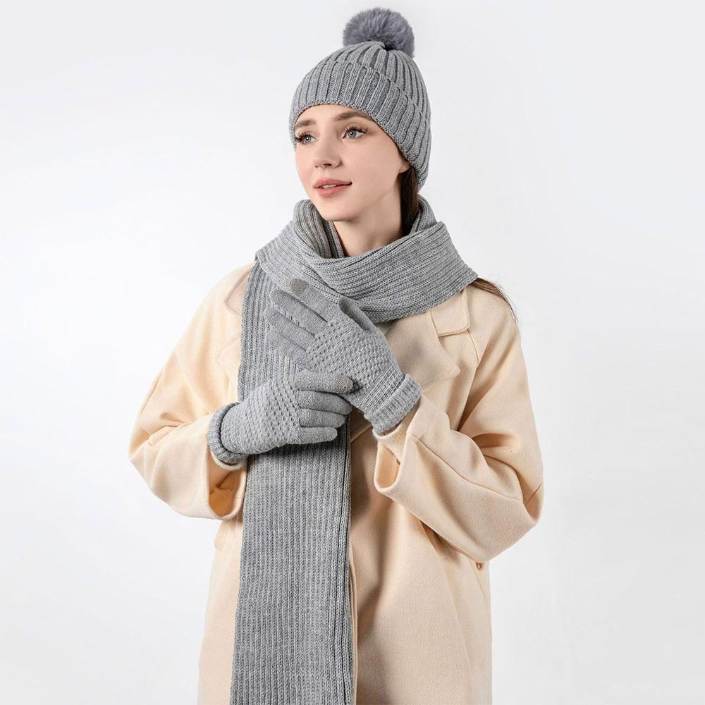 3Pcs/Set Warm Knitted Hat Soft Touchscreen Gloves Gift Beanie Cap Scarf  for Men Women