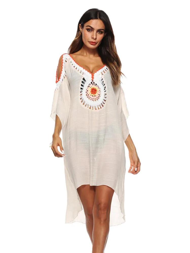 

EDOLYNSA 2024 сексуальное v-образным вырезом с открытыми плечами, вырезом спереди, короткой спиной, длинное летнее пляжное платье для женщин, пляжная одежда, мини-платья Q724 One Size античный белый