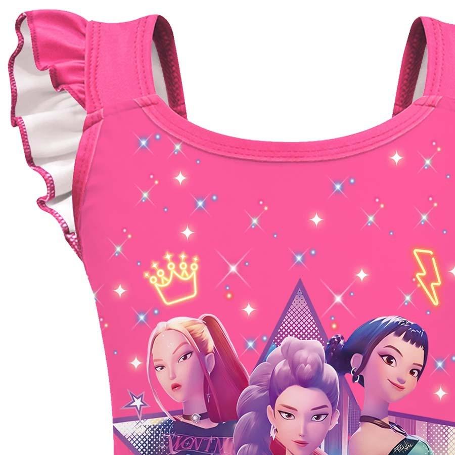 Kids Girls Anime Cartoon POP Singers Rumi Mira Zoey Print Ruffle Sleeveless One-piece Swimsuit Swimwear