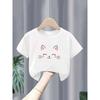 European Sizes Girl's Short-sleeve Round-neck Cotton T-shirt with Cute Cat Print, Knitted Top That Is Breathable and Versatile