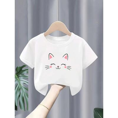 European Sizes Girl's Short-sleeve Round-neck Cotton T-shirt with Cute Cat Print, Knitted Top That Is Breathable and Versatile
