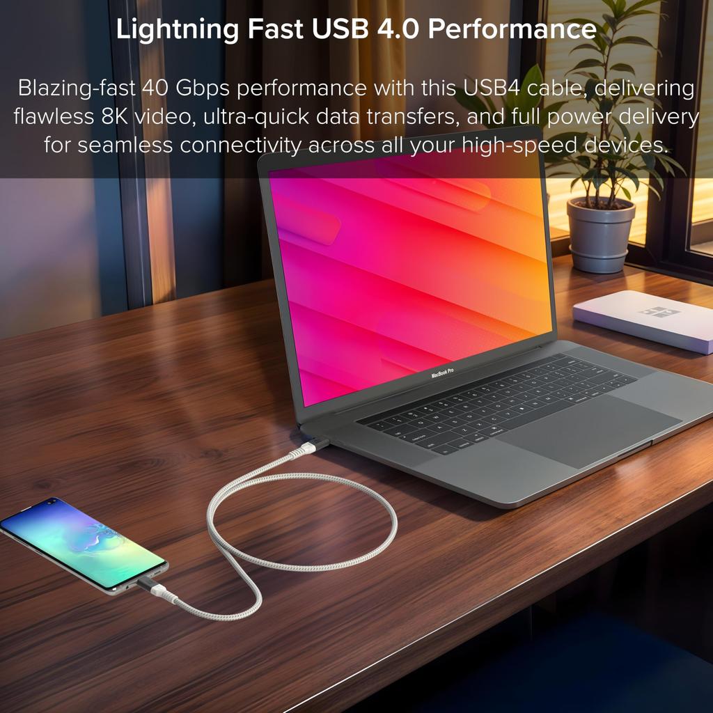 LINKUP USB Cable 80Gbps Thunderbolt 240W PD Display Data Transfer for iPad iPhone Samsung and More – 4.0 Ver.2 (120cm White) 5/4/3 Compatible,