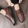 Brown Comfortable and Versatile Men's Leather Shoes Lace Up Minimalist Style Male Wedding Party Office Business Casual Shoes
