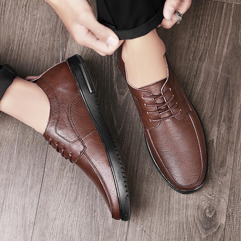 Brown Comfortable and Versatile Men's Leather Shoes Lace Up Minimalist Style Male Wedding Party Office Business Casual Shoes