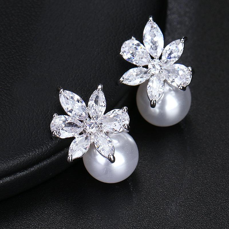 Elegant Cross-border Zircon Pearl Stud Earrings for Women