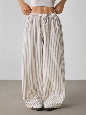 Women's Striped Elastic Waist Straight-Leg Pants