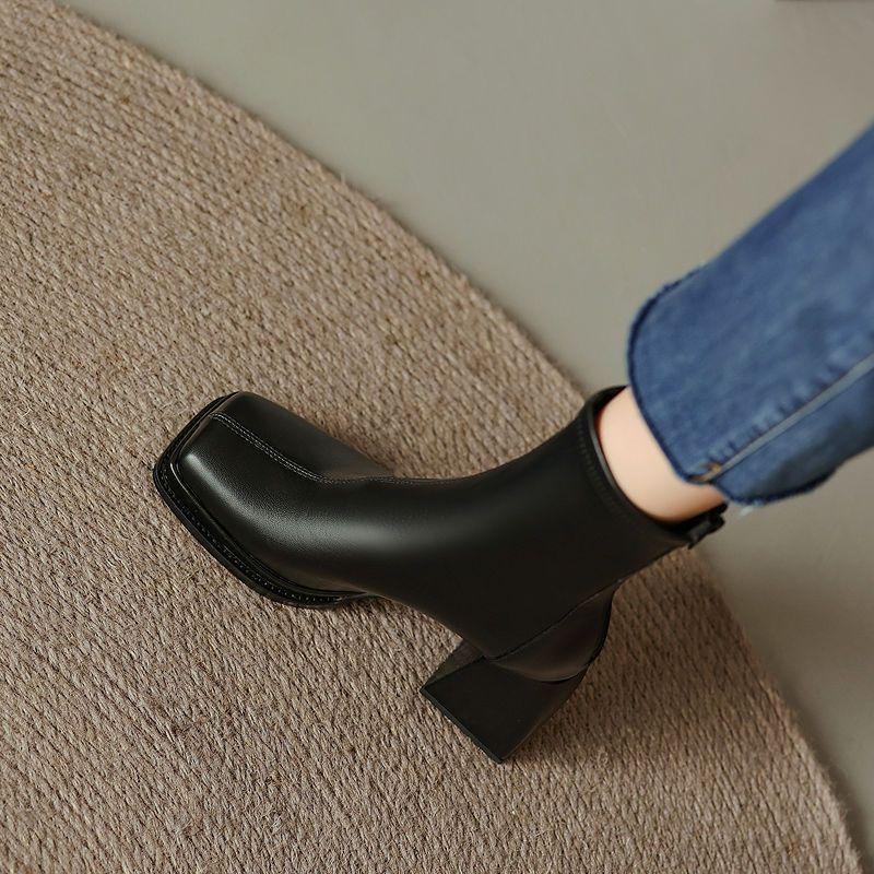 Women's Soft Leather Elastic Ankle Chunky Heel Boots - Autumn/Winter 2025, Square Toe, Plush, Platform Martin Style.