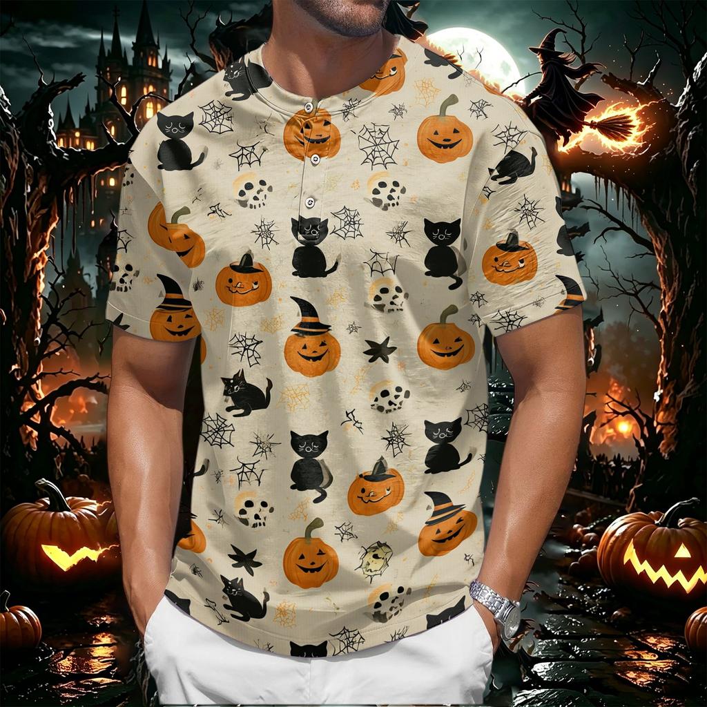 Men's Halloween Print Short Sleeve Henley Shirt Casual Round Neck Top with Button Detail Lightweight Breathable Fabric