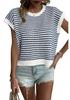 Women's Striped Knit Summer Top - Loose, Short-Sleeved, Round Neck, Casual Hollow Design Sweater