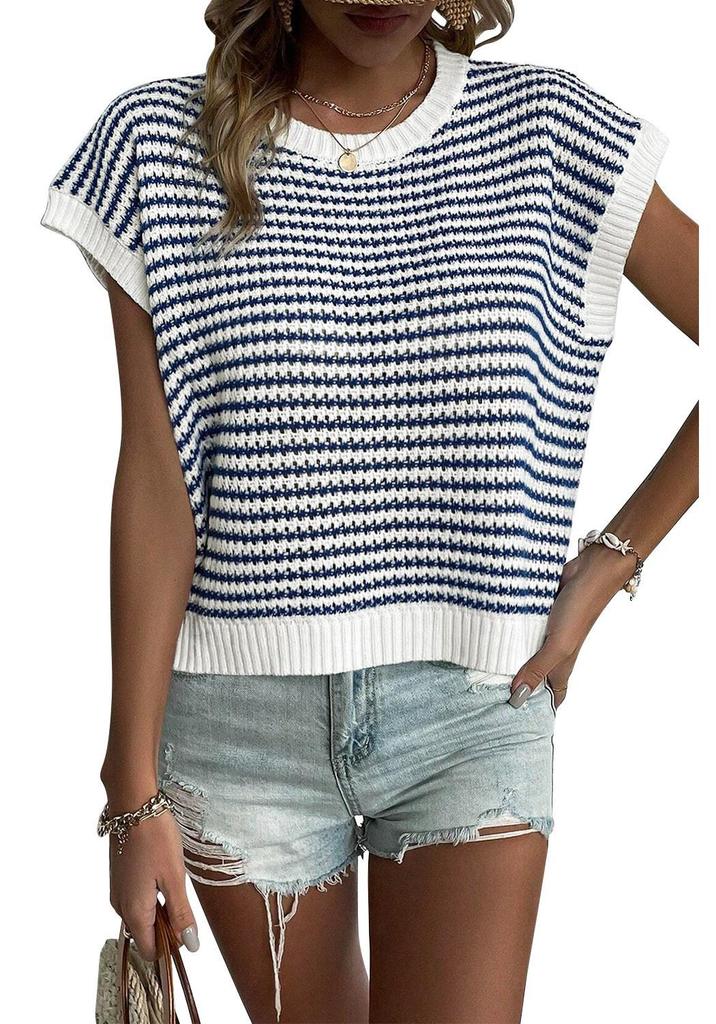 Women's Striped Knit Summer Top - Loose, Short-Sleeved, Round Neck, Casual Hollow Design Sweater