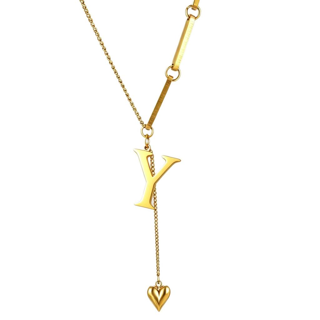 Initial Letter Necklace Gold Plated Stainless Steel Puffy Heart Pendant A-Z Alphabet Lariat Y Choker Waterproof
