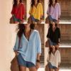 Women V Neck 3/4 Sleeve Linen Cotton Blouse Loose Casual Solid Color Summer Tops