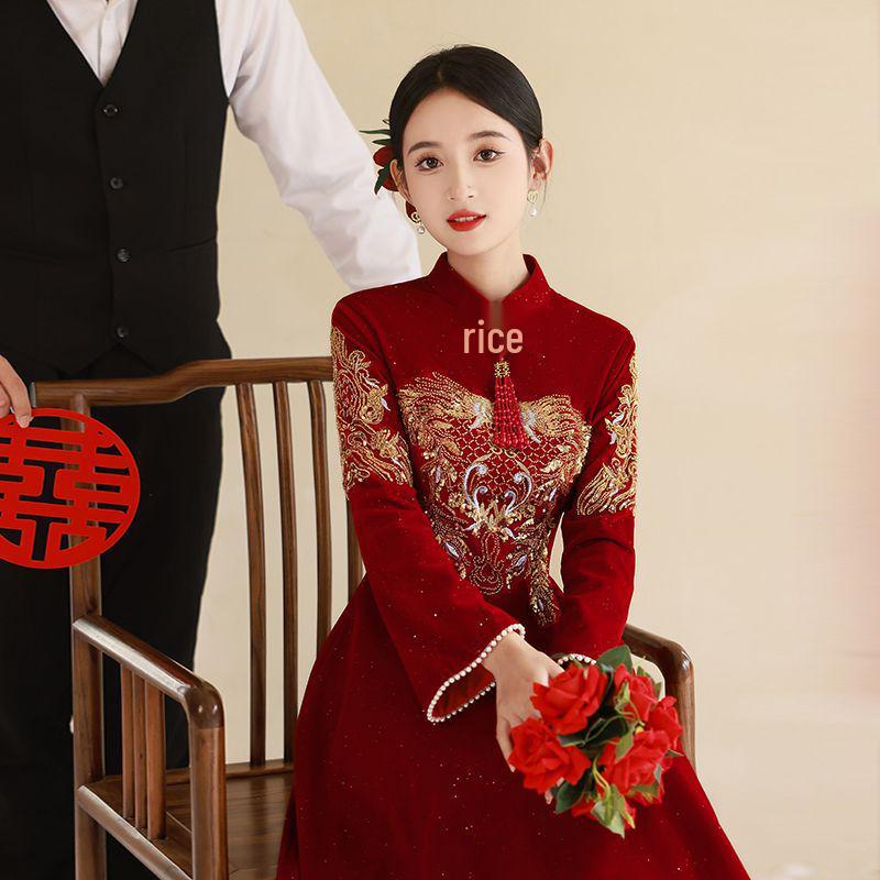 Red Wine Long-Sleeve Qipao Dress: Perfect for Weddings, Homecoming, or Engagements - A Casual Yet Elegant Chinese Autumn Bridal Gown.