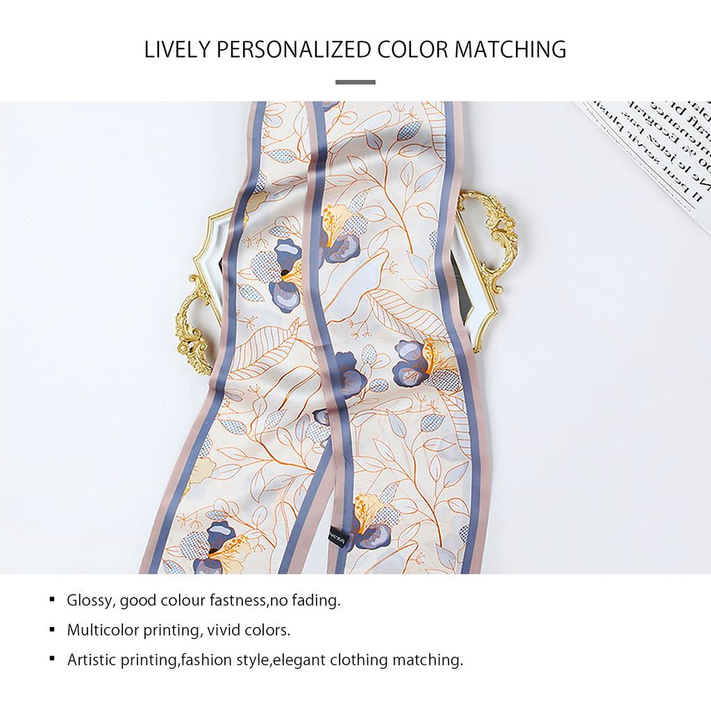 LumiSyne Skinny Silk Scarf with Floral and Pictorial Lightweight Satin Hair Bag Neck Silk Scarf for Commuting Women's Prints, Scarf, Accessory,