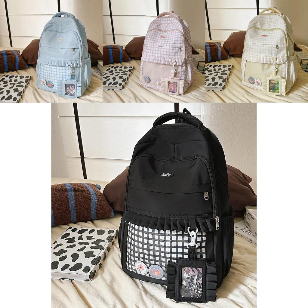 Sweet Checkered Pattern Lace Design Student Backpack With Plush Pendant For School And Daily Use