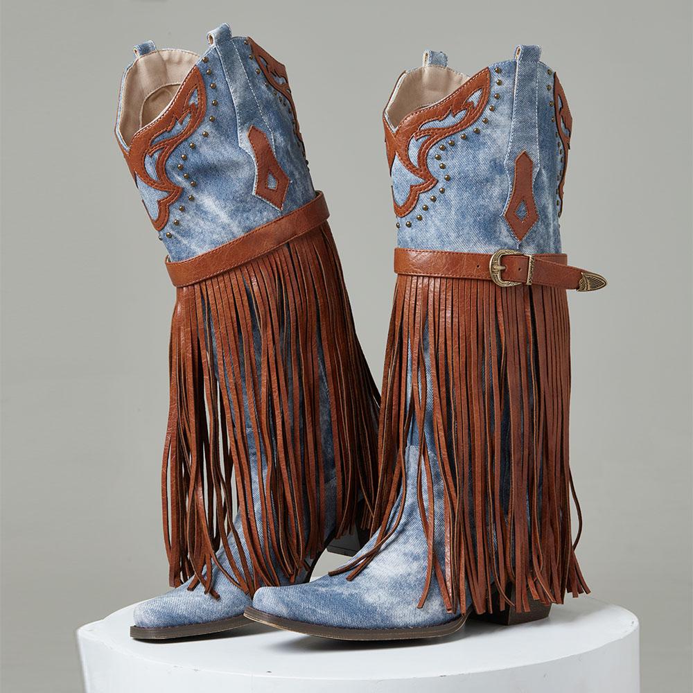 Women's Embroidered Western Cowgirl Boots Fringe Vintage Point Toe Chunky Heels Vintage Cowboy Knee High Boots For Women Farm Ou