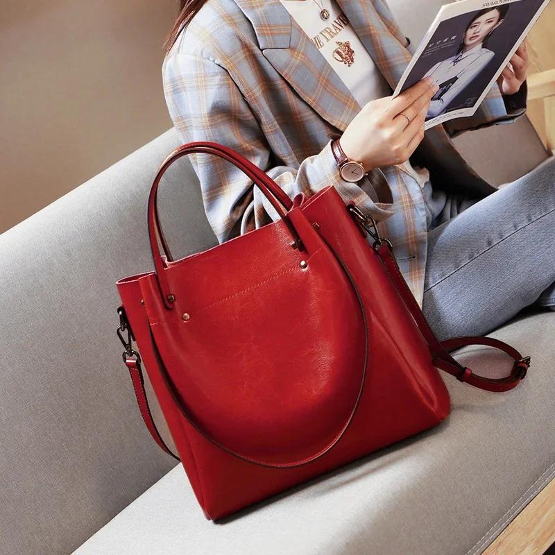 Women's Cow Genuine Leather Handbags Lady Vintage Retro Cowhide shoulder Bag Ladies Luxury large capacity multiple Pockets Lady