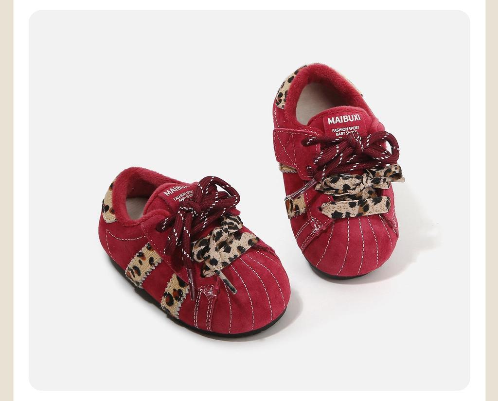 2025 Winter Leopard Print Retro Cotton Baby Shoes - Velvet Lined, Warm, Versatile, Casual German Training Design