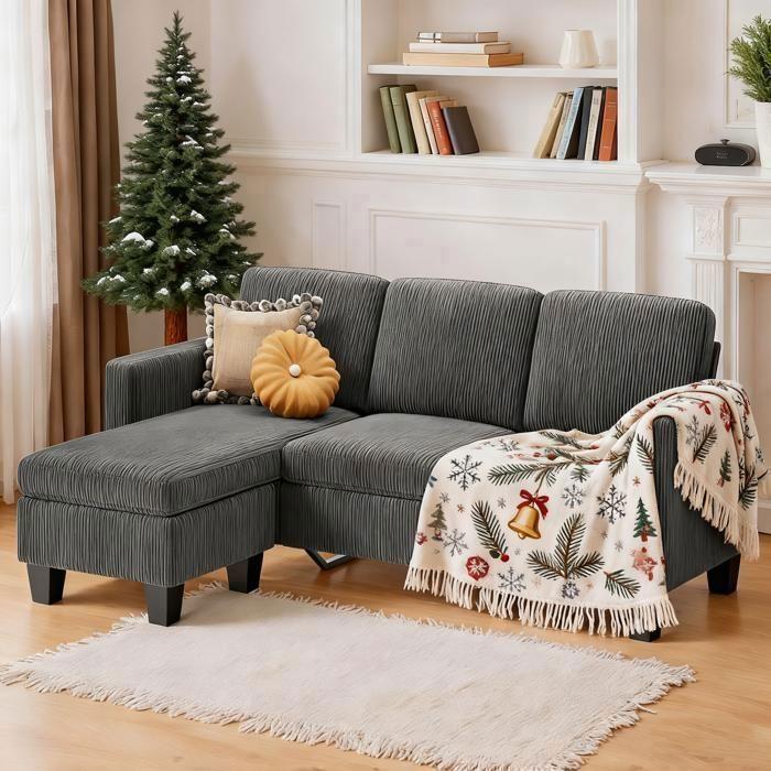 Divano ad angolo reversibile - Bealife - Divano modulare a L - 3 posti - Pouf - Velluto a coste - Grigio - 188 x 136 x 89 cm