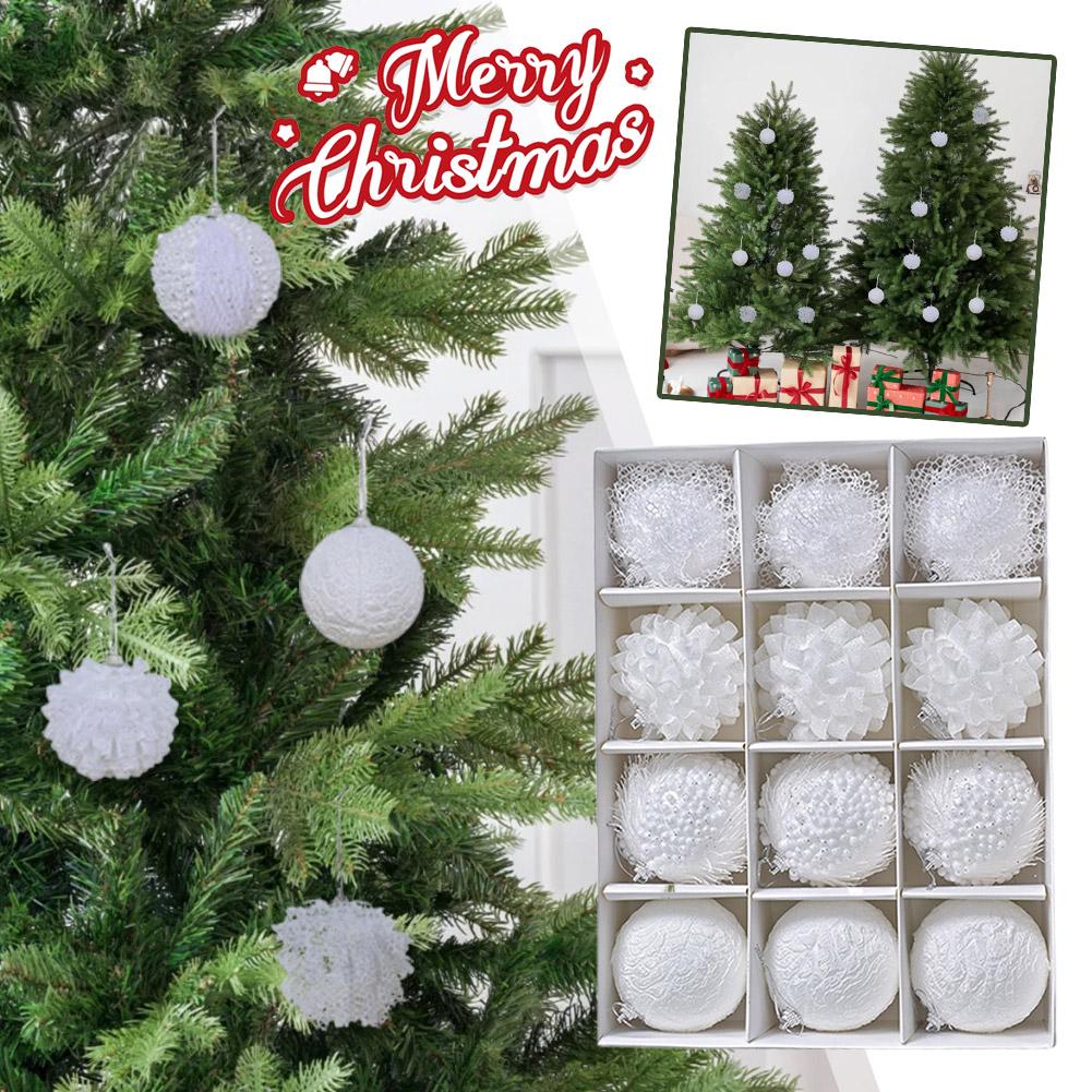 A Box Of 12 White Ins Style Lace Glitter Foam 8cm Christmas Ball Decoration Pendant Christmas Atmosphere Pendant Gift Box