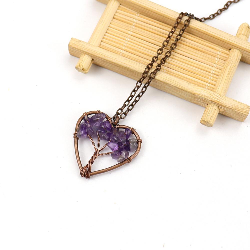 Vintage Hand-Wound Natural Stone Crystal Heart-Shaped Tree Of Life Curved Tree Necklace N142