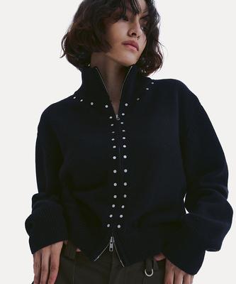 Uusoo Studded Full Zip Knit Blouson_ Black