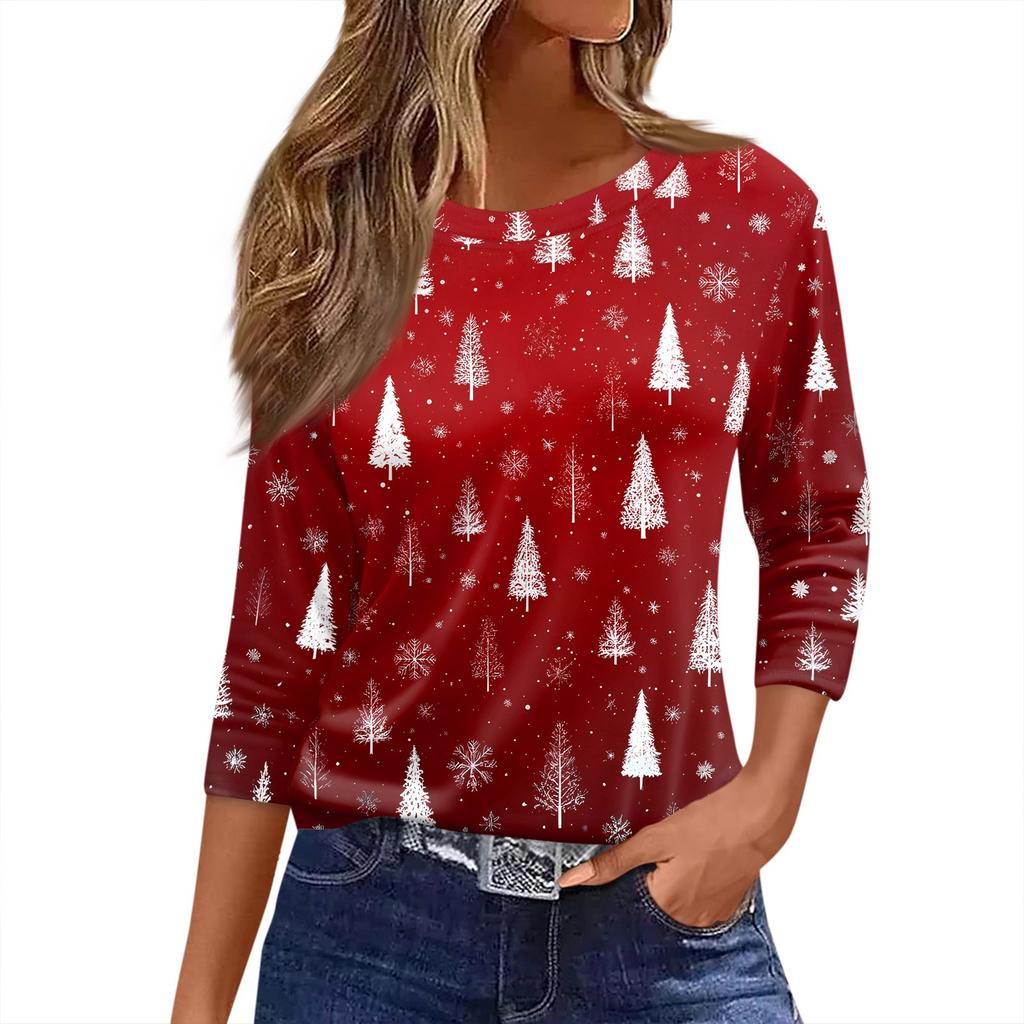 Women's T Shirt Christmas Print 3/4 Sleeve Daily Weekend Fashion Basic Round Neck Regular Top