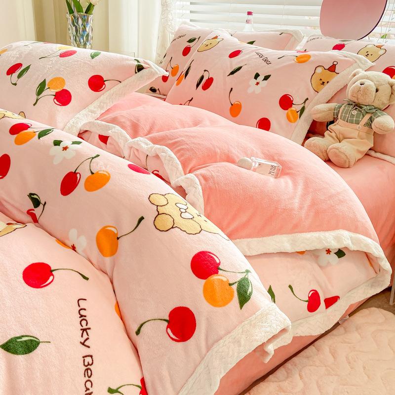Retro pastoralny styl mleczny czteroczęściowy prześcieradło poszwa na kołdrę pogrubiony ciepły pokrowiec na kołdrę na łóżko koralowy aksamit zimowy trzyczęściowy zestaw