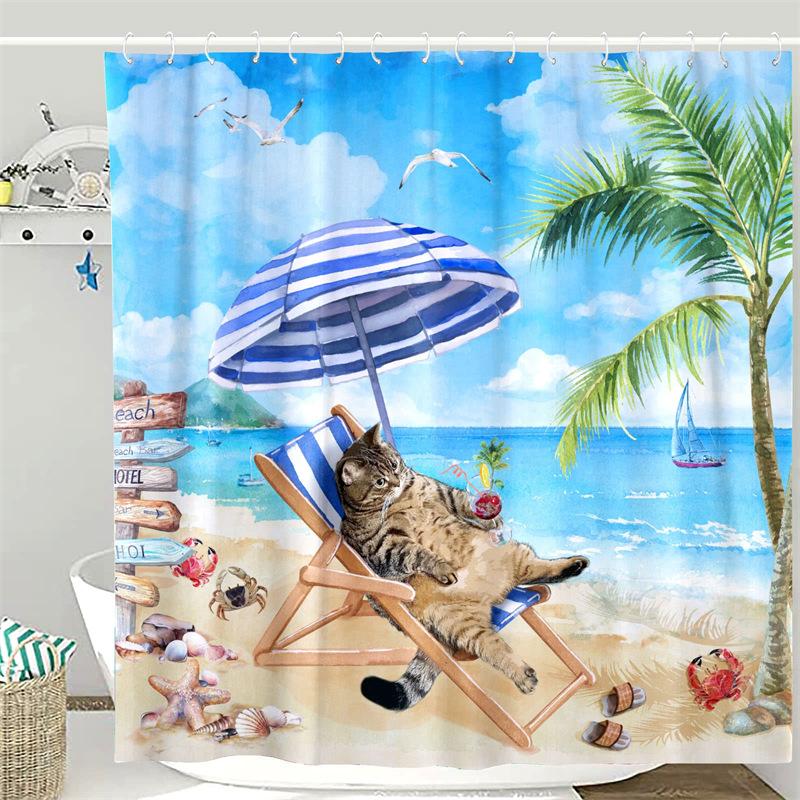 Pirate Cat Riding Shark Shower Curtain Funny Space Galaxy Rainbow Waterproof Fabric Bath Curtain With Hooks For Bathtub Decor