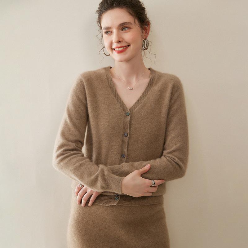 Women's V-neck Pure Cashmere Knit Cardigan - Soft & Fluffy Autumn/Winter Layer