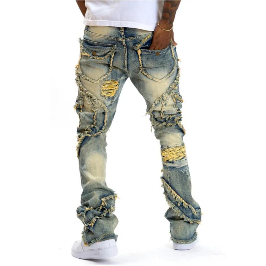 ZYLLO Men Ripped Stacked Jeans Distressed Slim Fit Skinny Straight Leg Jeans Fashion Hip Hop Denim Pants Casual Streetwear