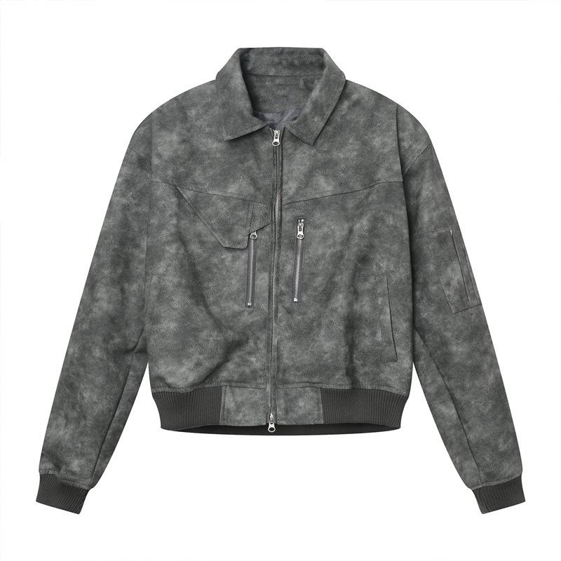 Men's 2025 Spring/Autumn Distressed Short Jacket with Padded Shoulders and Metal Zipper Design