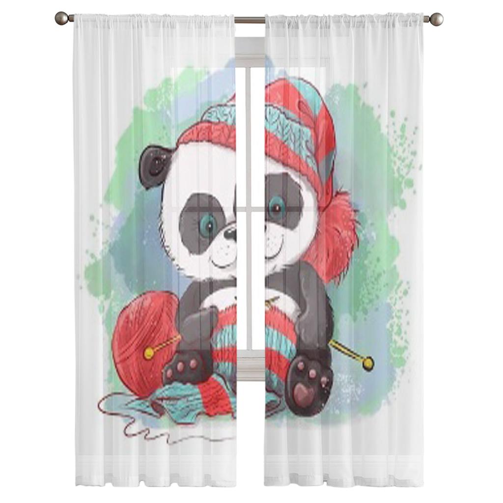 Tecknad Akvarell Panda Stickar En Scarf Tyll Skira Gardiner för Vardagsrum Sovrum Köksinredning Voile Organza Gardiner