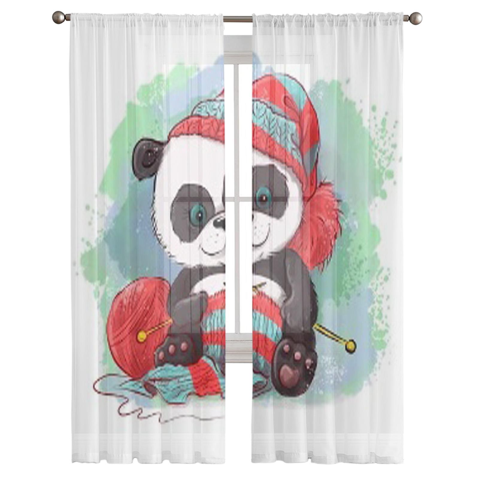 Мультфильм акварель панда вяжет шарф Тюлевые прозрачные шторы для гостиной — фото 4