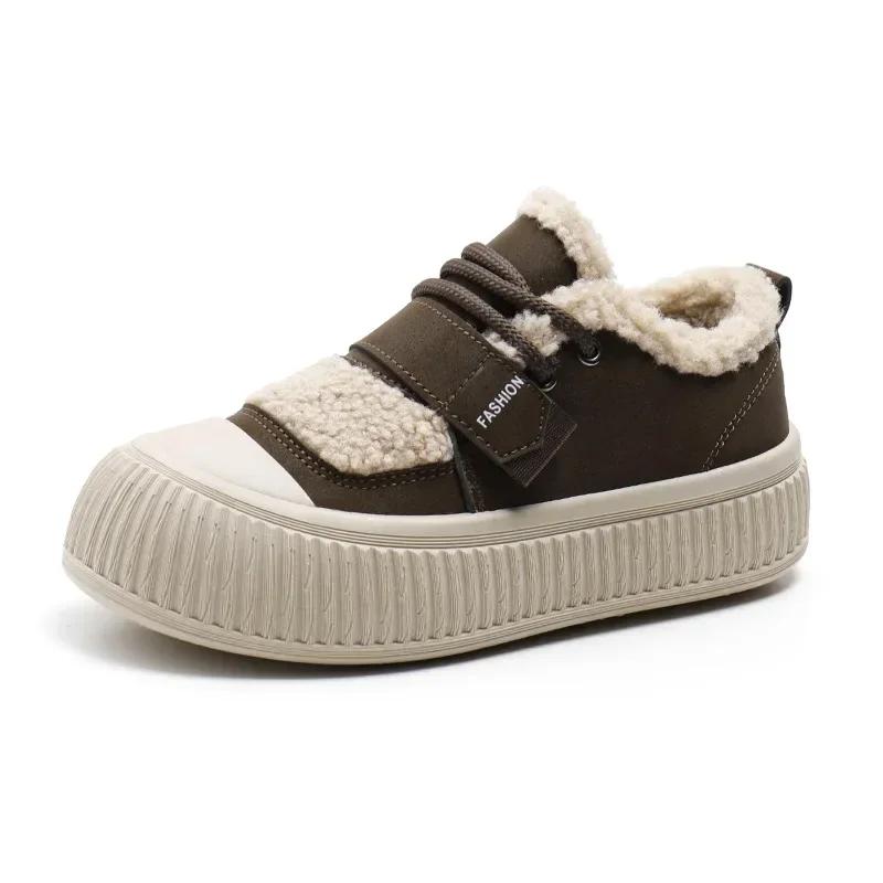 Fashion New Winter Warm Cotton Shoes for Women with Plush Lace Up Casual Sports Shoes, Fashionable Thick Soled Lightweight Cotton Shoes