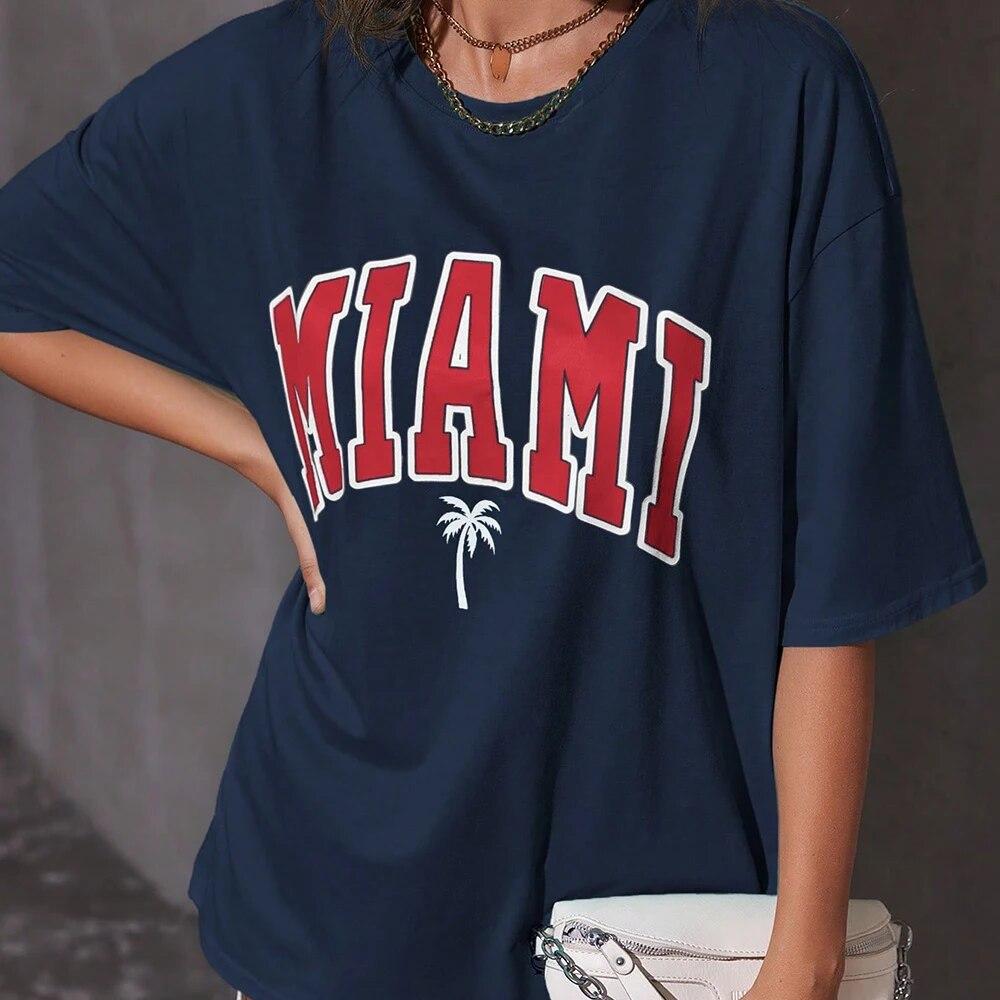 Woman Cotton TShirts Miami Coconu Tree Beach Prints Casual ONeck Short Sleeve Fashion Oversize Clothing Simple Female Tops
