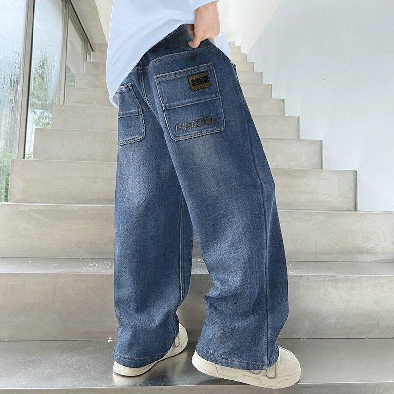 2025 Chłopięce Dżinsy Plus Size z Podszewką Polarową o Prostych Nogawkach dla Nastolatków z Nadwagą – Wiosna i Jesień Długie Spodnie Modne Spodnie