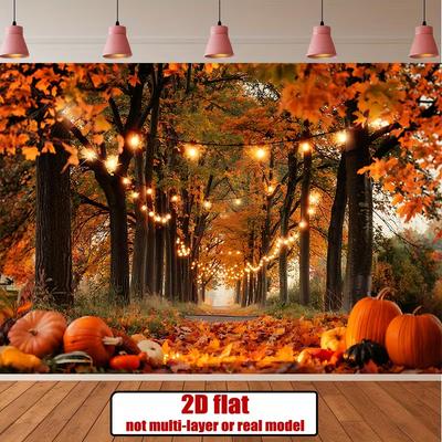Cozy Autumn Forest Tapestry with String Lights & Pumpkins Wall Decor