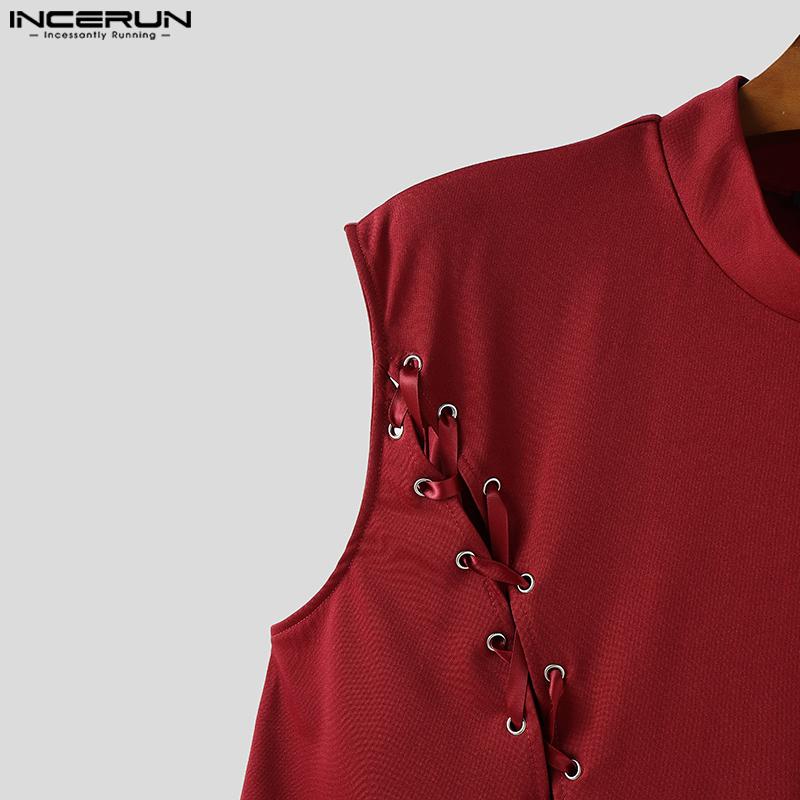 INCERUN Summer Men Sleeveless Bandage Lace-up Party Short Tank Tops