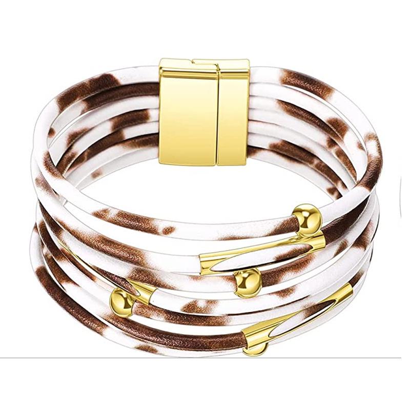 Leopard Print Magnetic Buckle Leather Bracelet: Alloy Beaded Cord with Copper Tube