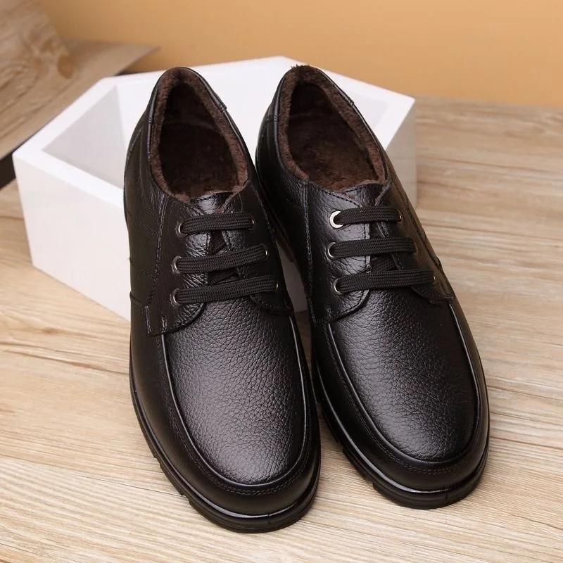 2025 Winter Genuine Leather Shoes Men Winter Shoes Brand Footwear Warm Plush Mens Casual Shoes Black A444